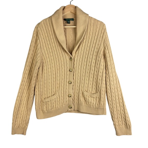 Lauren Ralph Lauren Sweaters - Lauren Ralph Lauren Beige Cable Knit Shawl Collar Cardigan Button Front Cotton‎